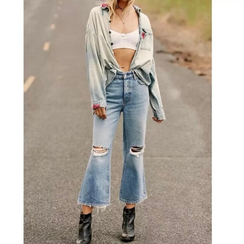 Free People We The Free Ranger Wide Leg Cropped Ripped Jeans, Sky Sz 26 - Picture 8 of 8